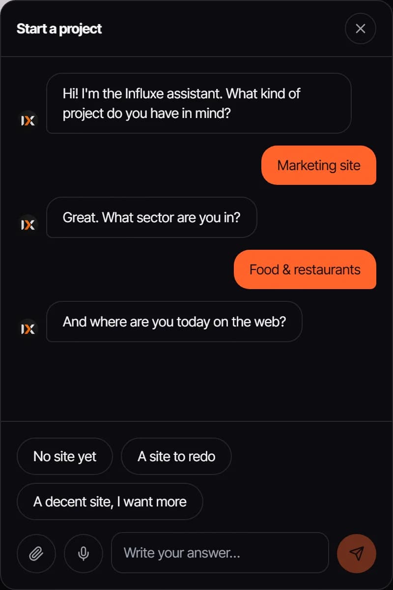 Influxe onboarding agent, the chat running on this site